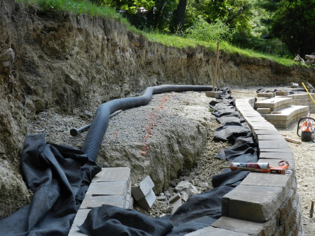 Tile line to drain the area behind the wall